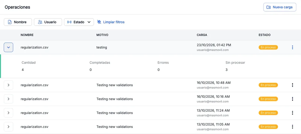 Operations list with one row expanded